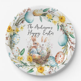 Plato De Papel Feliz Pascua dos bannias y floral Pascua