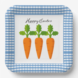 Plato De Papel Feliz Pascua Gingham Azul con Diseño de Zanahoria