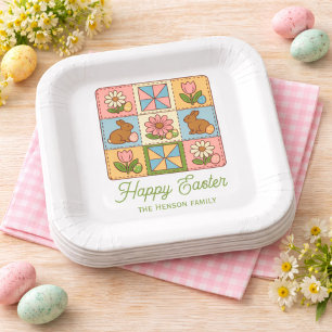 Plato De Papel Feliz patrón de colcha de conejo de Pascua Familia