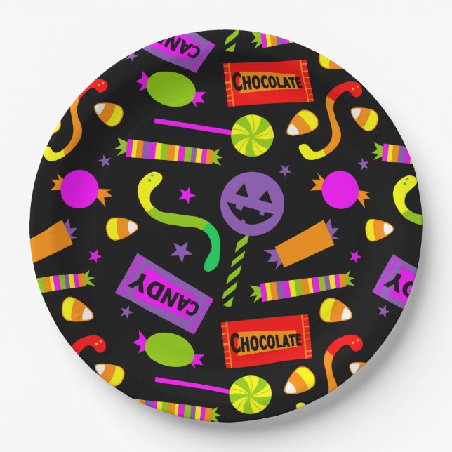 Plato De Papel Feliz patrón de dulces de Halloween (Anverso)