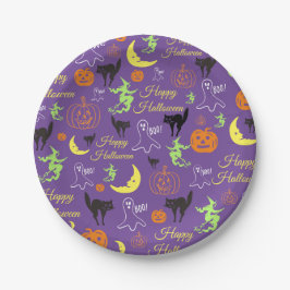 Plato De Papel Feliz patrón de Halloween púrpura