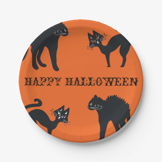 Plato De Papel Feliz Personalizado de Halloween Placas para gatos (Anverso)