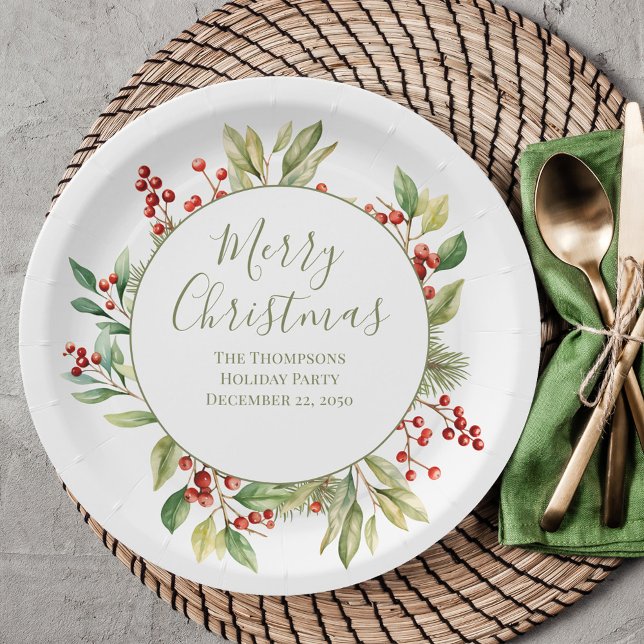 Plato De Papel Feliz Personalizado de Navidad Greenery Wreath (Custom Merry Christmas holiday greenery paper plate. )