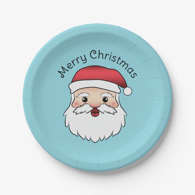 Plato De Papel Feliz Personalizado Santa Claus Cabeza En Azul Y T (Anverso)