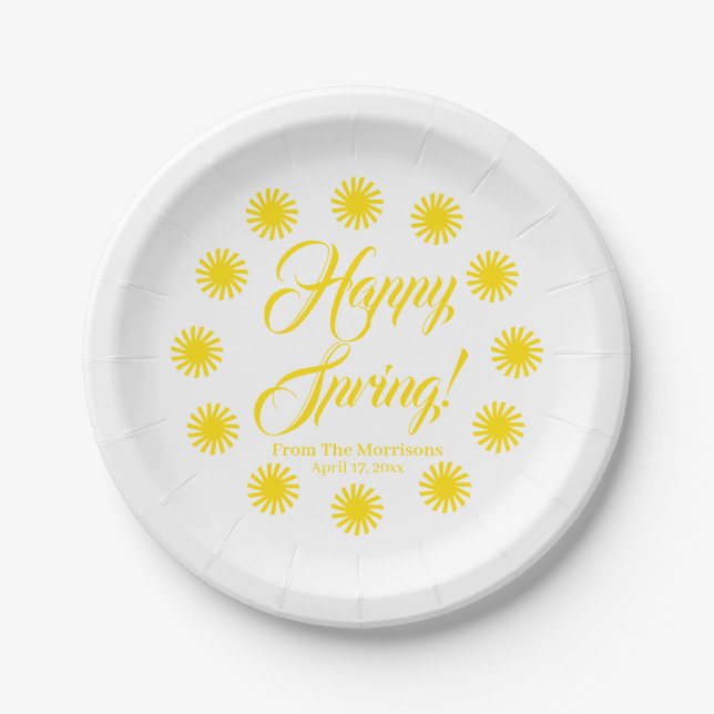 Plato De Papel Feliz primavera amarillo personalizado de la front (Anverso)
