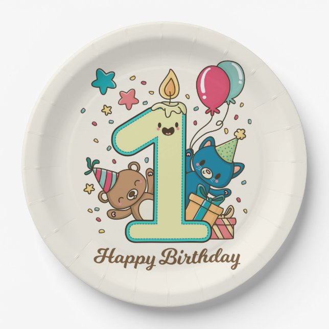 Plato De Papel Feliz primer cumpleaños (Anverso)