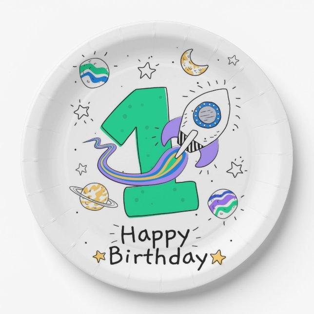 Plato De Papel Feliz primer cumpleaños (Anverso)