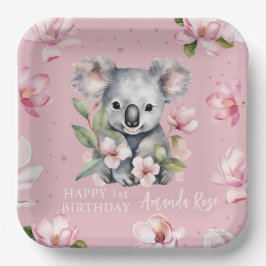 Plato De Papel Feliz primer cumpleaños a la acuarela Koala