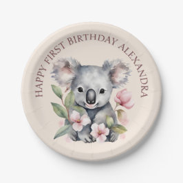 Plato De Papel Feliz primer cumpleaños a la acuarela Koala