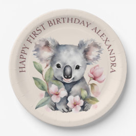 Plato De Papel Feliz primer cumpleaños a la acuarela Koala
