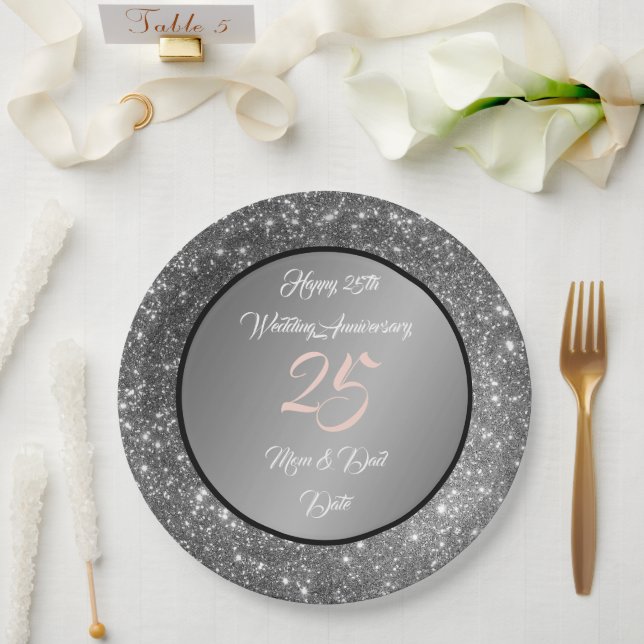 Plato De Papel Feliz Purpurina Personalizar Silver 25° aniversari (Boda)