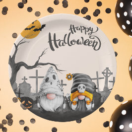 Plato De Papel Feliz retro de Halloween en el cementerio