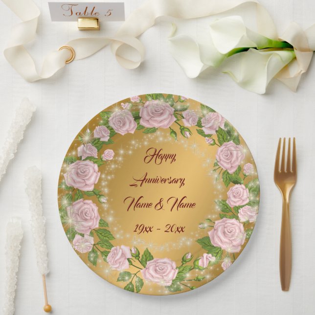 Plato De Papel Feliz Rosa de oro Personalizar (Boda)