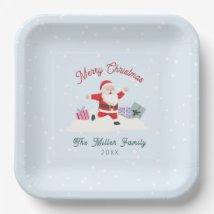 Plato De Papel Feliz Santa, Navidades azul claro