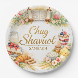 Plato De Papel Feliz Shavuot, Chag Shavuot Sameaj Acuarela