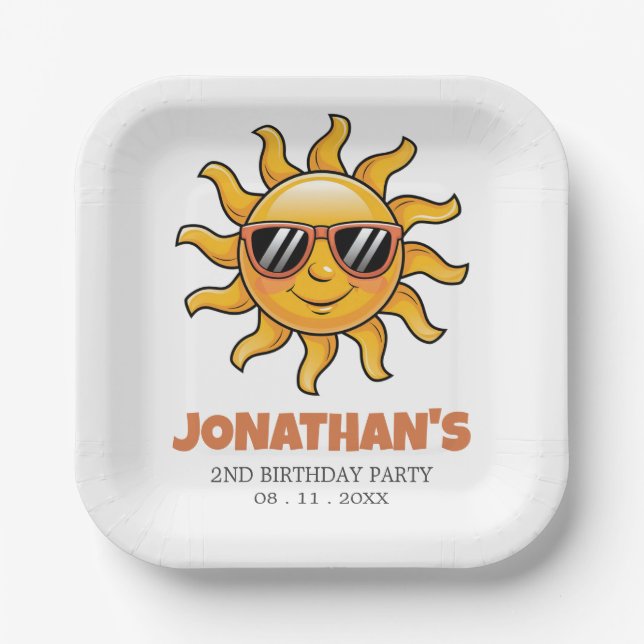 Plato De Papel Feliz sol amarillo con gafas de sol fiesta de cump (Anverso)