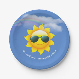 Plato De Papel Feliz sol con arco iris y cita