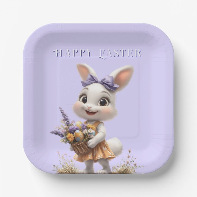 Plato De Papel Feliz sonrisa Semana Santa Bunny Eggs Lavender Bow (Anverso)