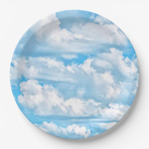 Plato De Papel Feliz Sunny Clouds Blue Background