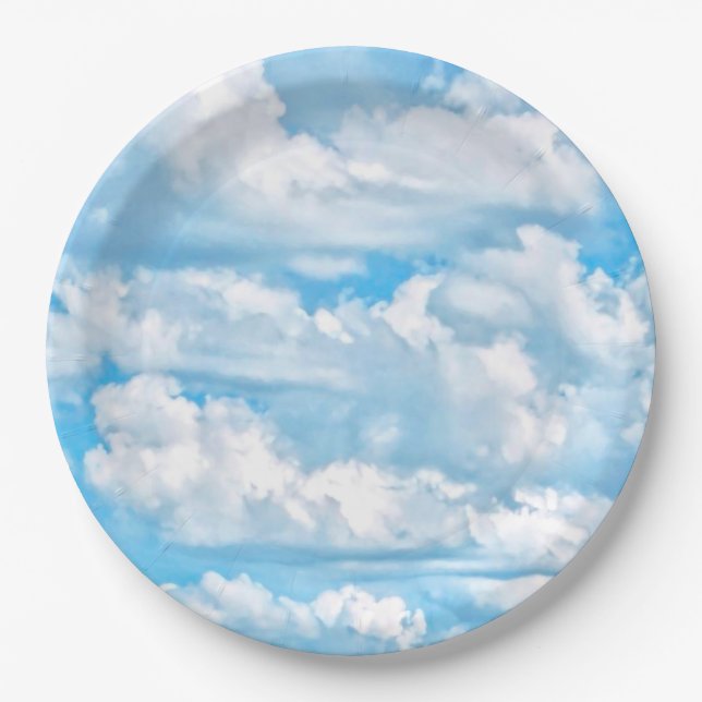 Plato De Papel Feliz Sunny Clouds Blue Background (Anverso)