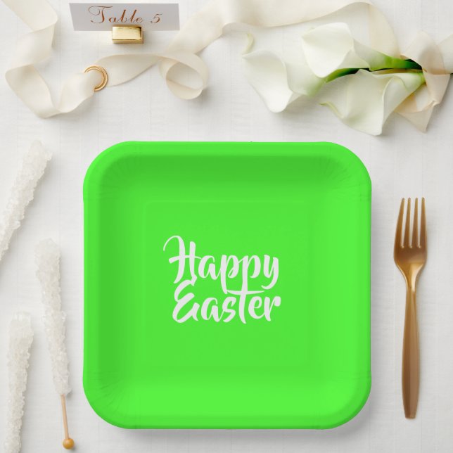 Plato De Papel Feliz texto blanco de Pascua sobre verde (Boda)