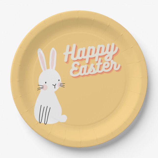 Plato De Papel Feliz texto de Pascua con naranja conejito (Anverso)