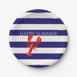 Plato De Papel Feliz verano franjas blancas azules rojo langosta