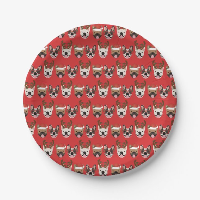 Plato De Papel Feliz Woofmas Bulldogs Franceses Cabezas de Navida (Anverso)