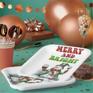Plato De Papel Feliz y brillante Snowman