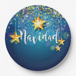 Plato De Papel Felize Navidad Gold Stars Navidad Plate
