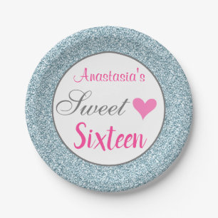 Plato De Papel Femenino y glamuroso rosa azul claro brillo Sweet