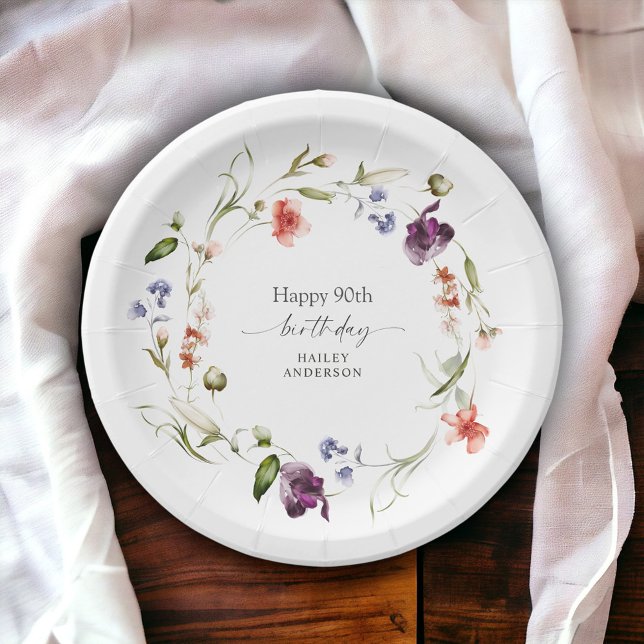 Plato De Papel Feminine Floral Wreath feliz cumpleaños 90 (Available in 2 sizes; 7-inch diameter and 9-inch diameter)