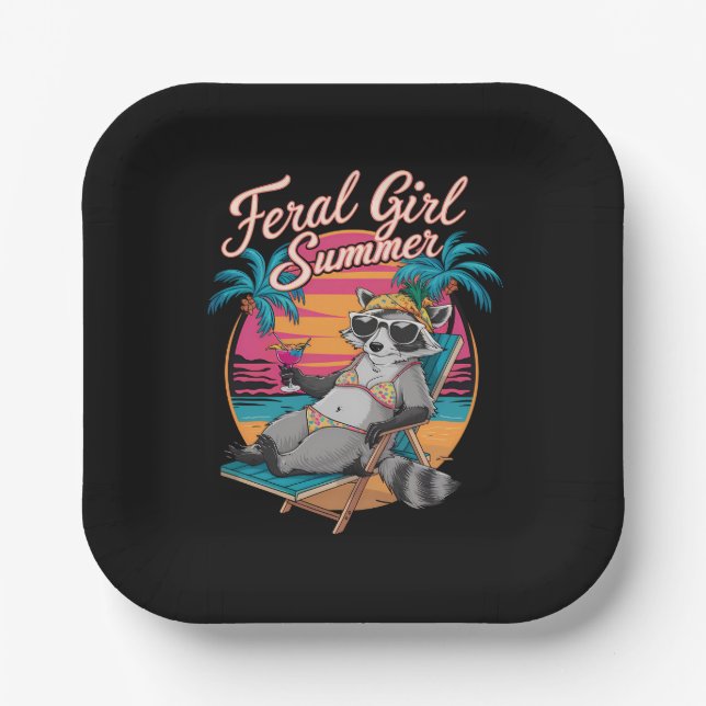 Plato De Papel Feral Chica Summer Beach Funny Raccoon (Anverso)