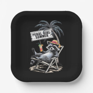 Plato De Papel Feral Chica Summer Beach Funny Raccoon