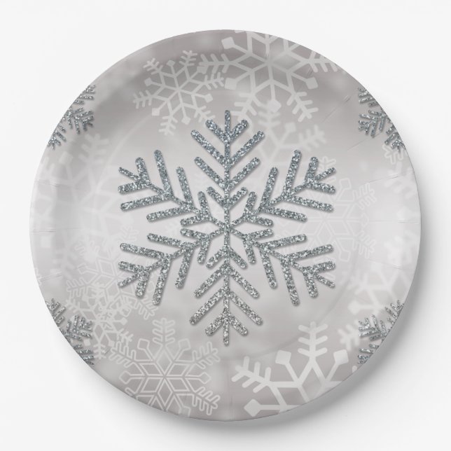 Plato De Papel Feriado de nieve con Purpurina plateado (Anverso)