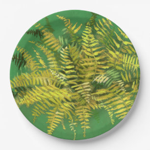 Plato De Papel Fern, frondas, florido, verde dorado verde vegetac