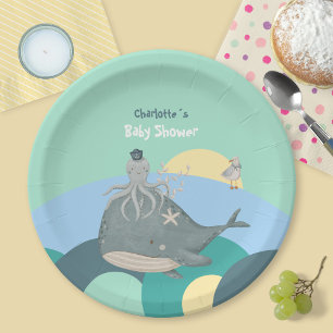 Plato De Papel Festejo de Bebé Náutico Caprichoso de Ballena y Ca