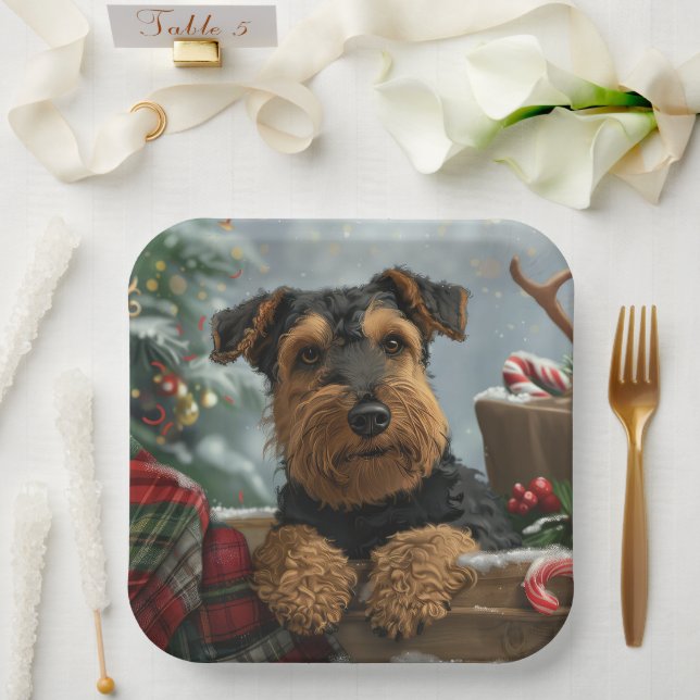 Plato De Papel Festival Navideño del Perro Airedale (Boda)