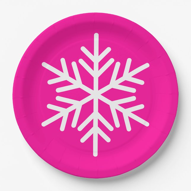 Plato De Papel Festive Big White Alpine Snowflake On Bright Pink (Anverso)