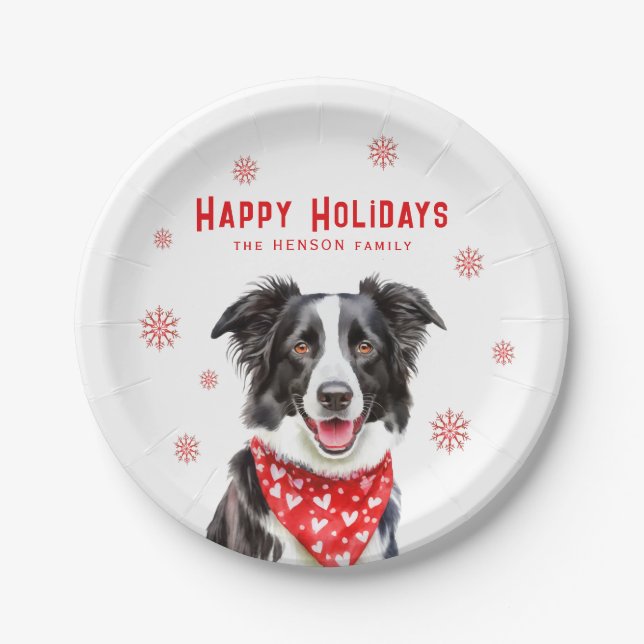 Plato De Papel Festive Border Collie Red Heart Bandana Christmas (Anverso)