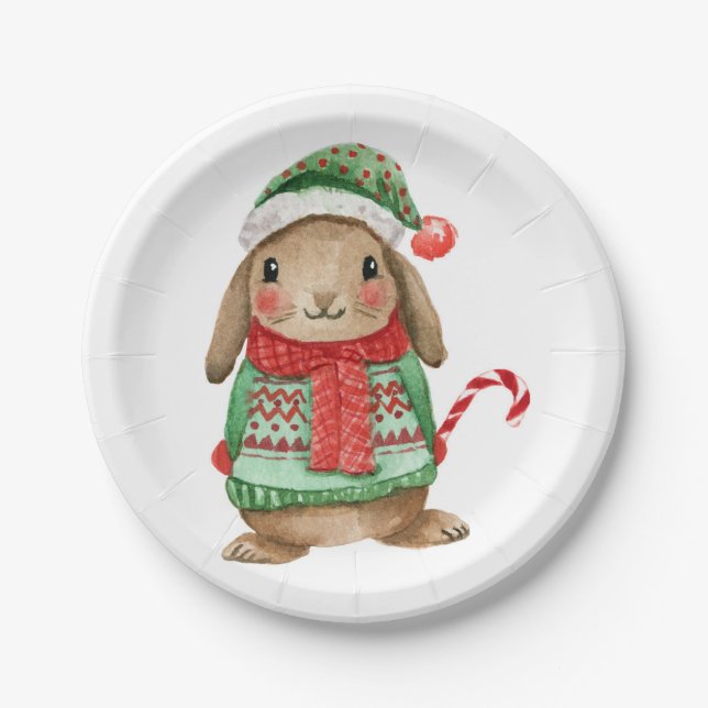 Plato De Papel Festive christmas bunny with candy cane (Anverso)