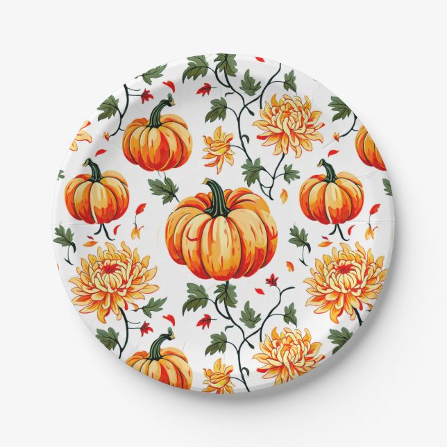 Plato De Papel Festive Fall Pumpkins and Chrysanthemums (Anverso)