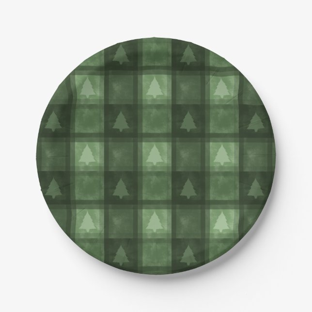 Plato De Papel Festive Green Textured Plaid And Trees Christmas (Anverso)
