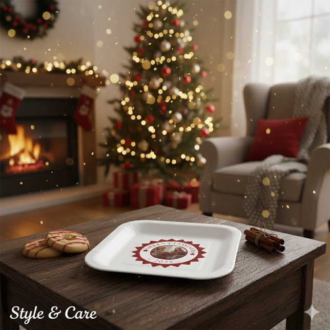 Plato De Papel Festive Merry Christmas Custom Photo Text Square (Festive Merry Christmas Custom Photo Text Square Paper Plates)