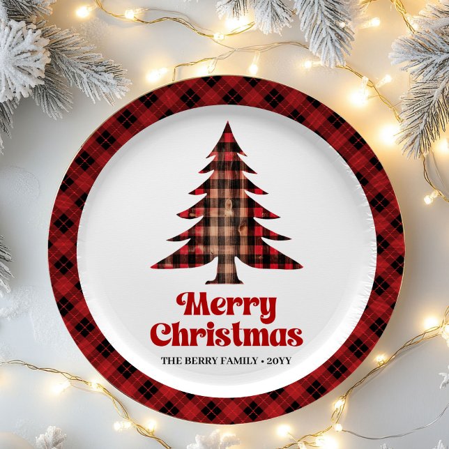 Plato De Papel Festive Plaid Christmas Tree Custom Name Paper  (Festive Plaid Christmas Tree Custom Name Paper Plates)