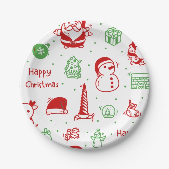 Plato De Papel Festive Red & Green Christmas Pattern Paper Plate (Anverso)