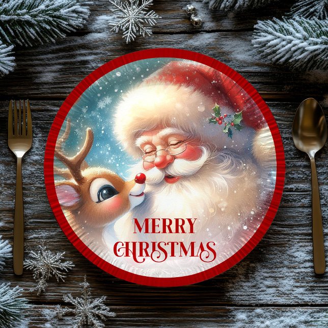 Plato De Papel Festive Rudolph Red Nose Funny Christmas Plates (Cute Santa and Rudolph Cartoon Christmas Paper Plates)