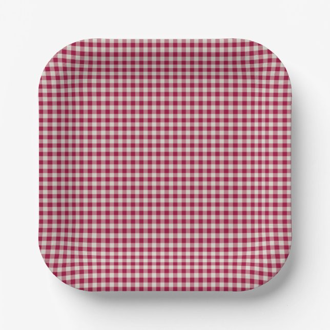 Plato De Papel Festividad Cranberry Red Gingham Plaid Rustic Holi (Anverso)