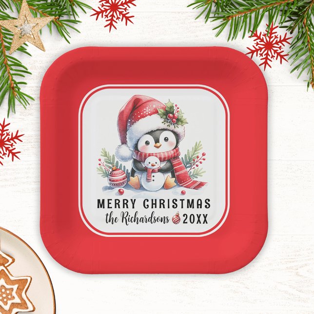Plato De Papel Festividad Cute Pingüino Rojo Feliz Navidad (Subido por el creador)