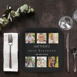 Plato De Papel Festividad de cumpleaños del collage de fotos negr